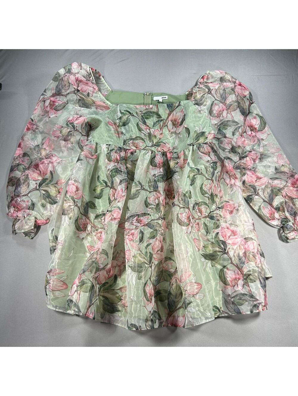 Fashion Nova Mesh Sheer Green Floral Ruffle Cropped Long Sleeve Blouse XL